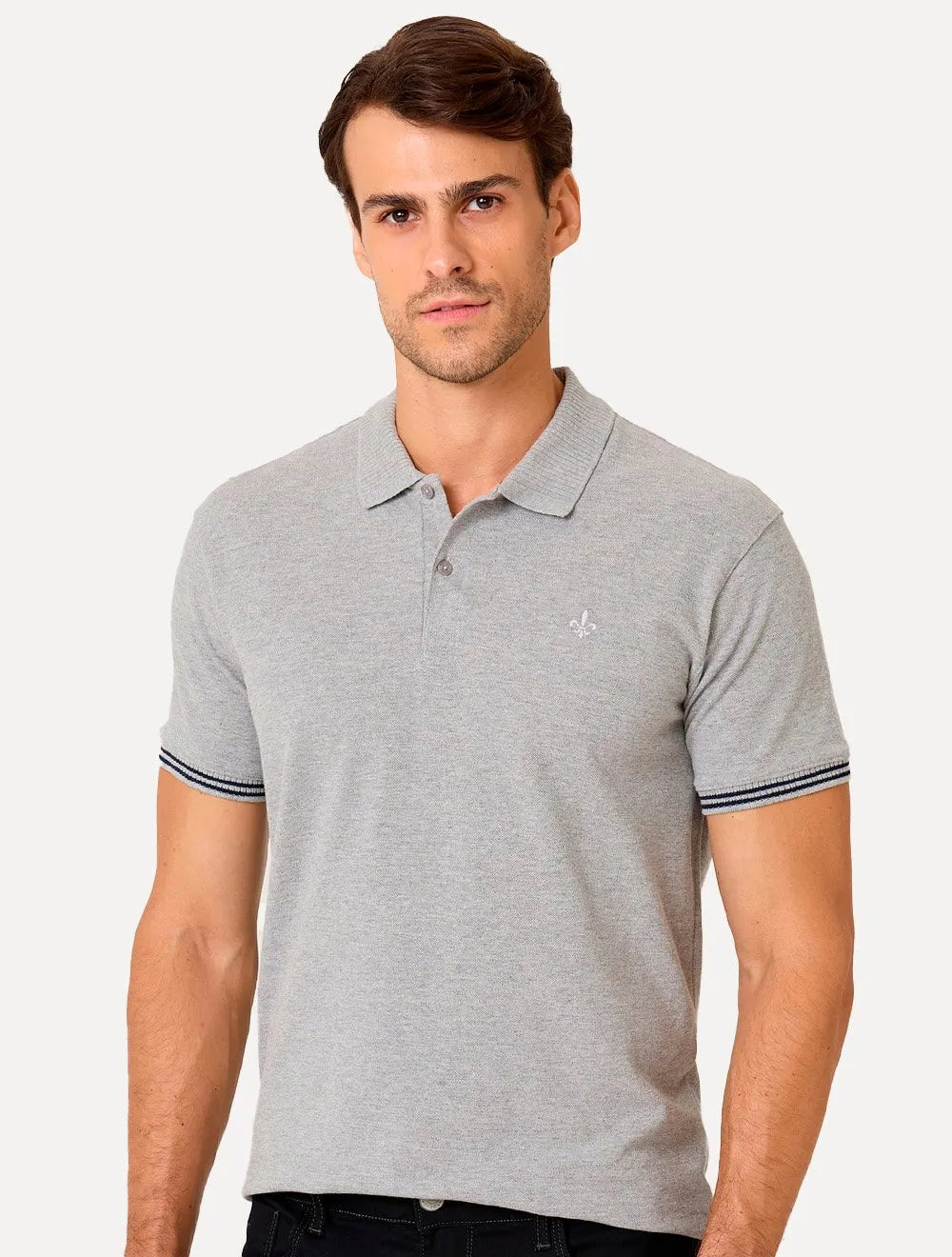 Polo Dudalina Masculina Piquet Jacquard Gola Sem Friso Cinza Mescla