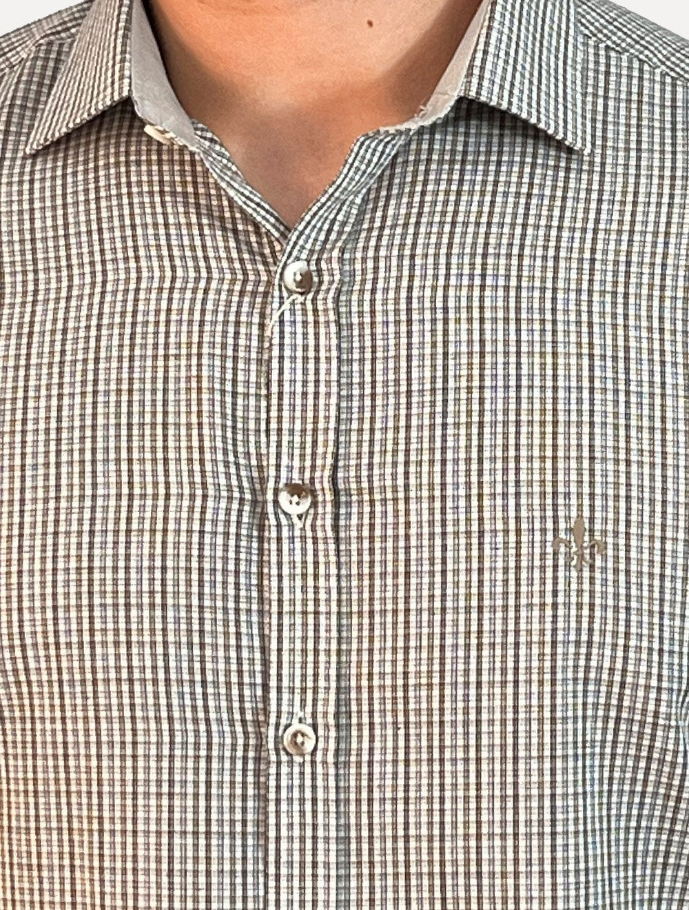 Camisa Dudalina Masculina Comfort Superfine Slim Tricoline Xadrez Mono Logo Cáqui Escuro