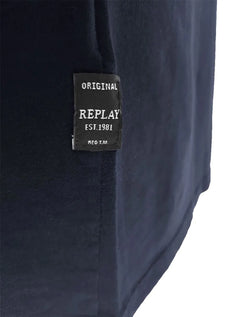 Camiseta Replay Masculina Basic Crewneck Logo Azul Marinho