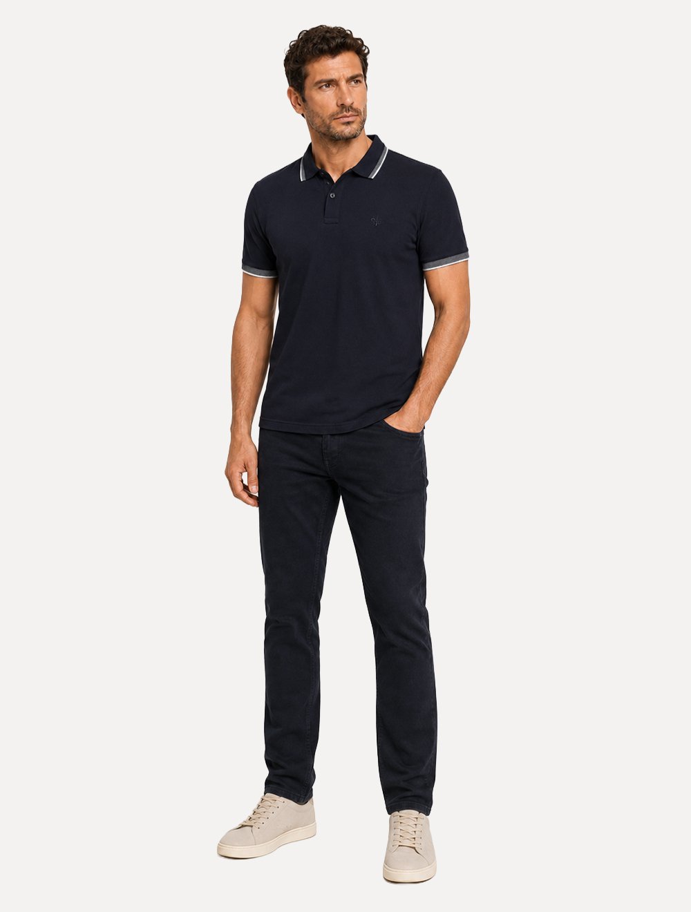 Polo Dudalina Masculina Malha Gola Friso Binada Azul Marinho