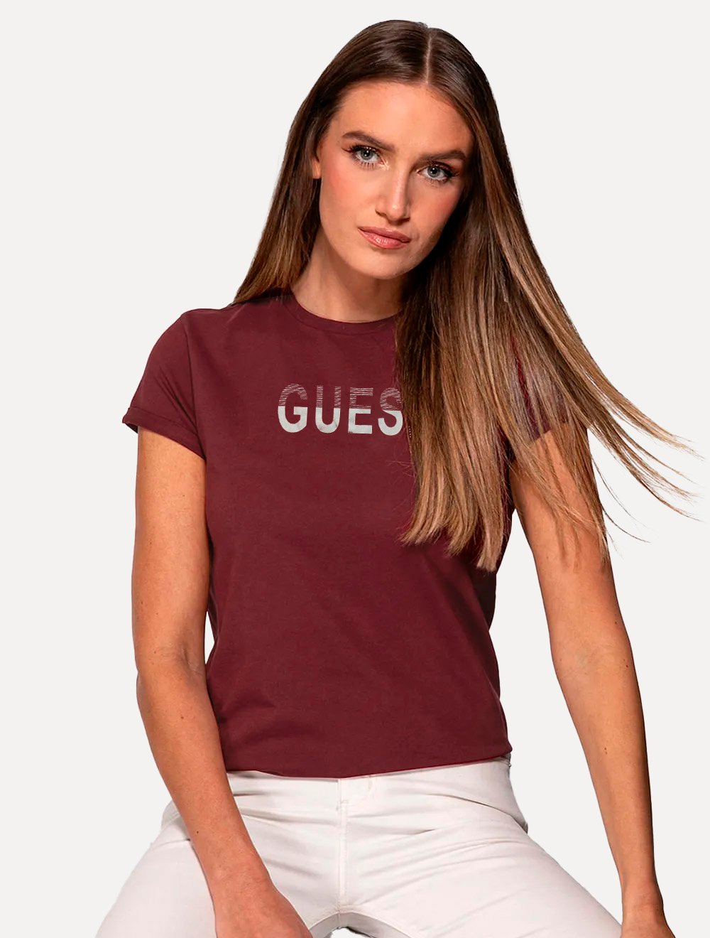 Camiseta Guess Feminina Bold Half Stripes Logo Vermelho Escuro