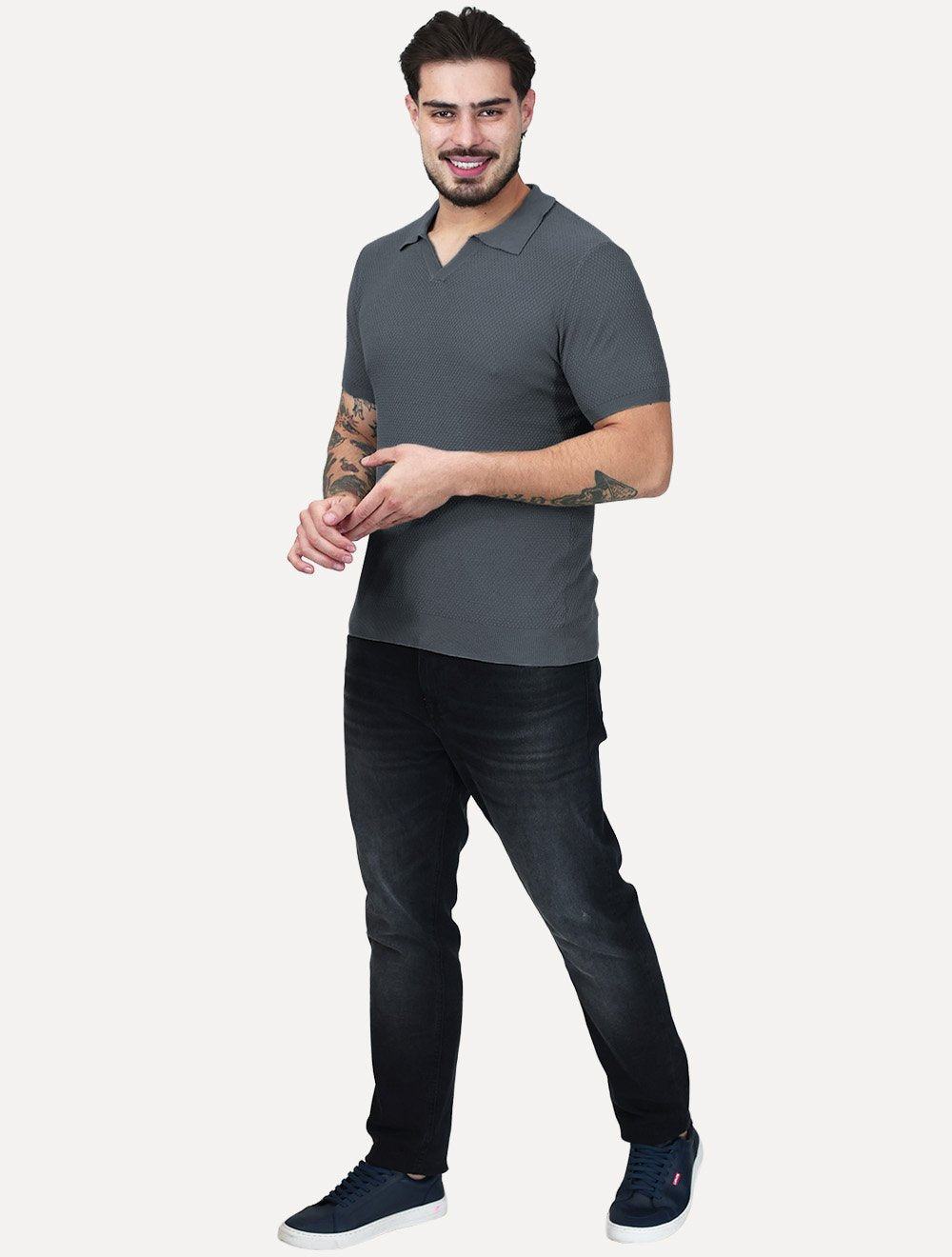 Polo Dixen Masculina Tricot Manga Curta Cinza