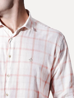 Camisa Dudalina Masculina Comfort Slub Cotton Xadrez Salmão Off-White