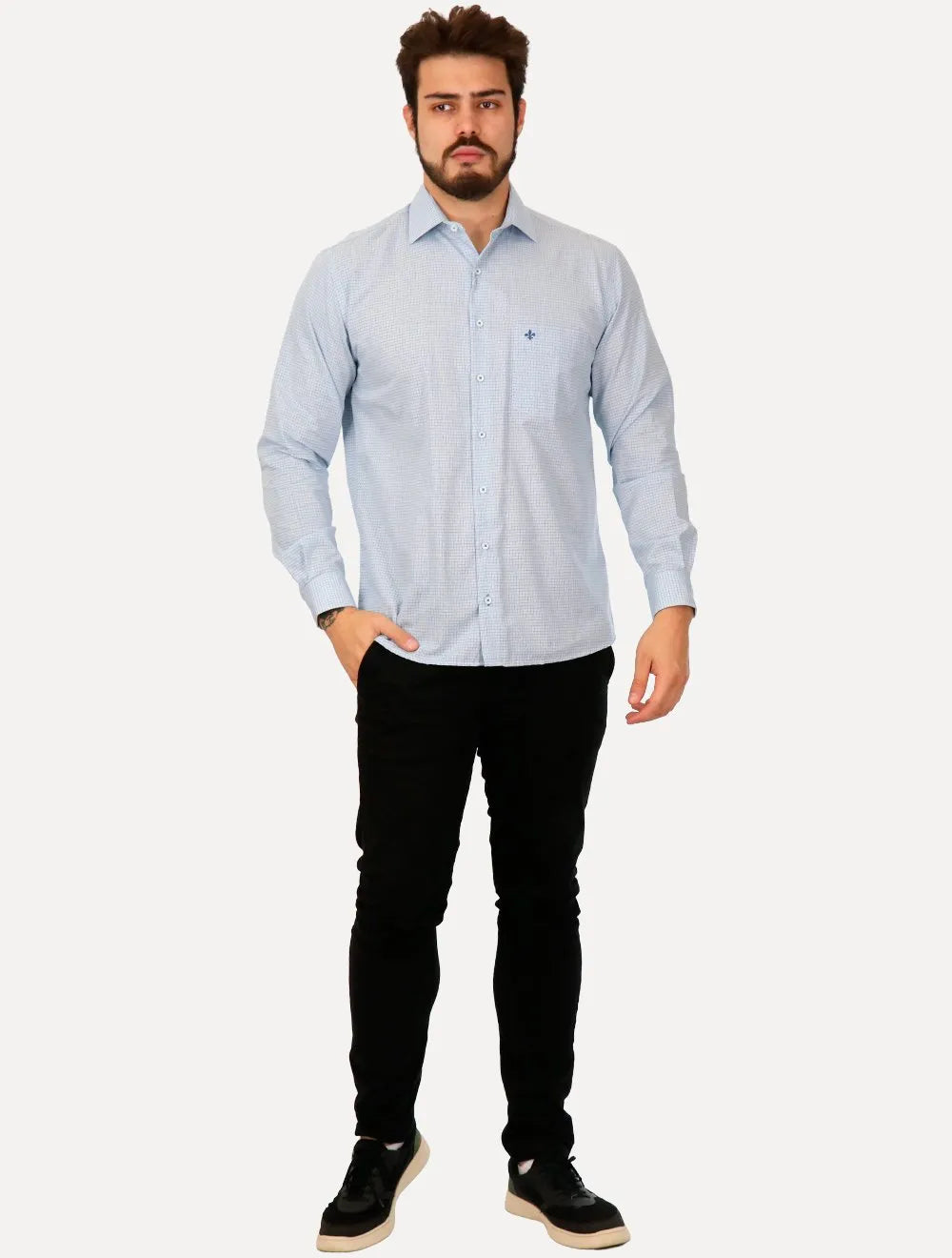 Camisa Dudalina Masculina Comfort Superfine Cotton Pocket Xadrez Azul Claro