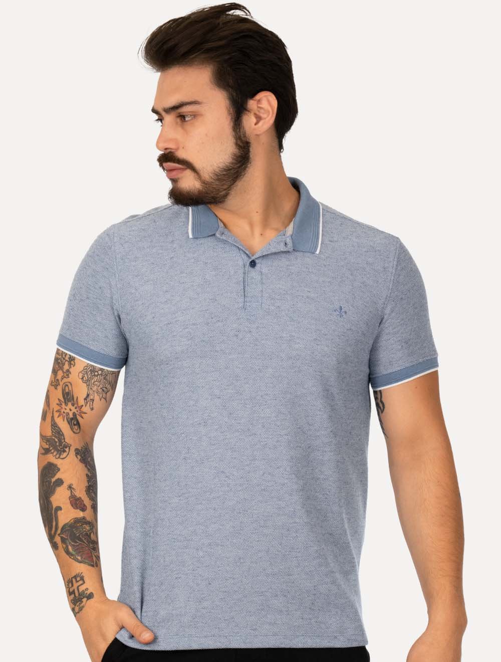 Polo Dudalina Masculina Malha Favo Linho Azul Escuro