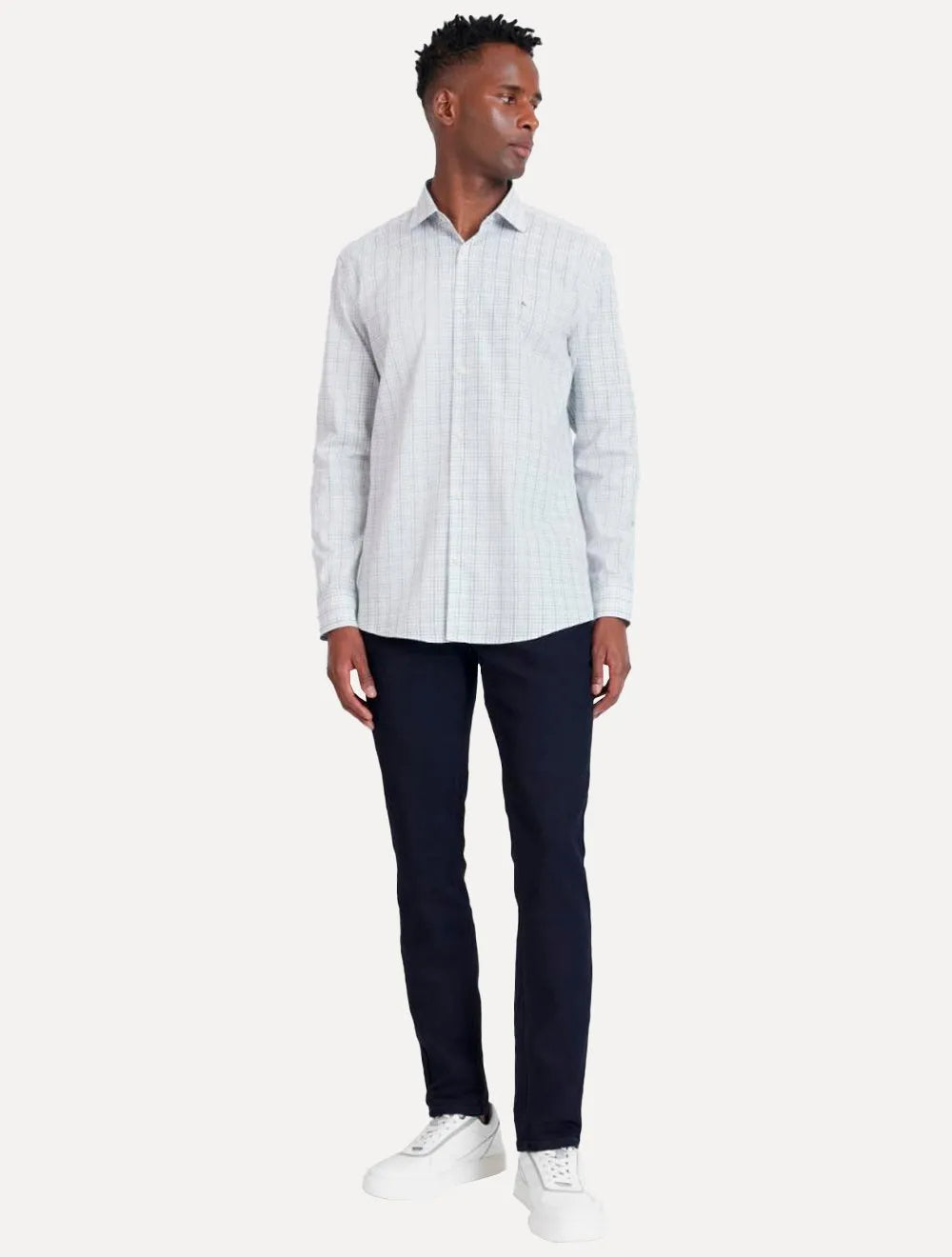 Camisa Aramis Masculina Slim Tricoline Micro Grid Xadrez Marinho/Branca