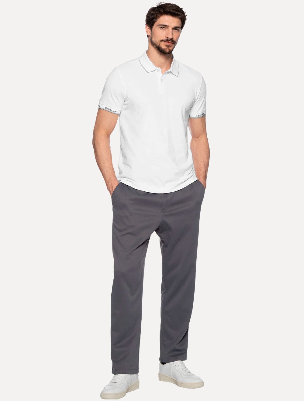 Polo Calvin Klein Masculina Piquet Slim Básica Friso Logo Punho Branca