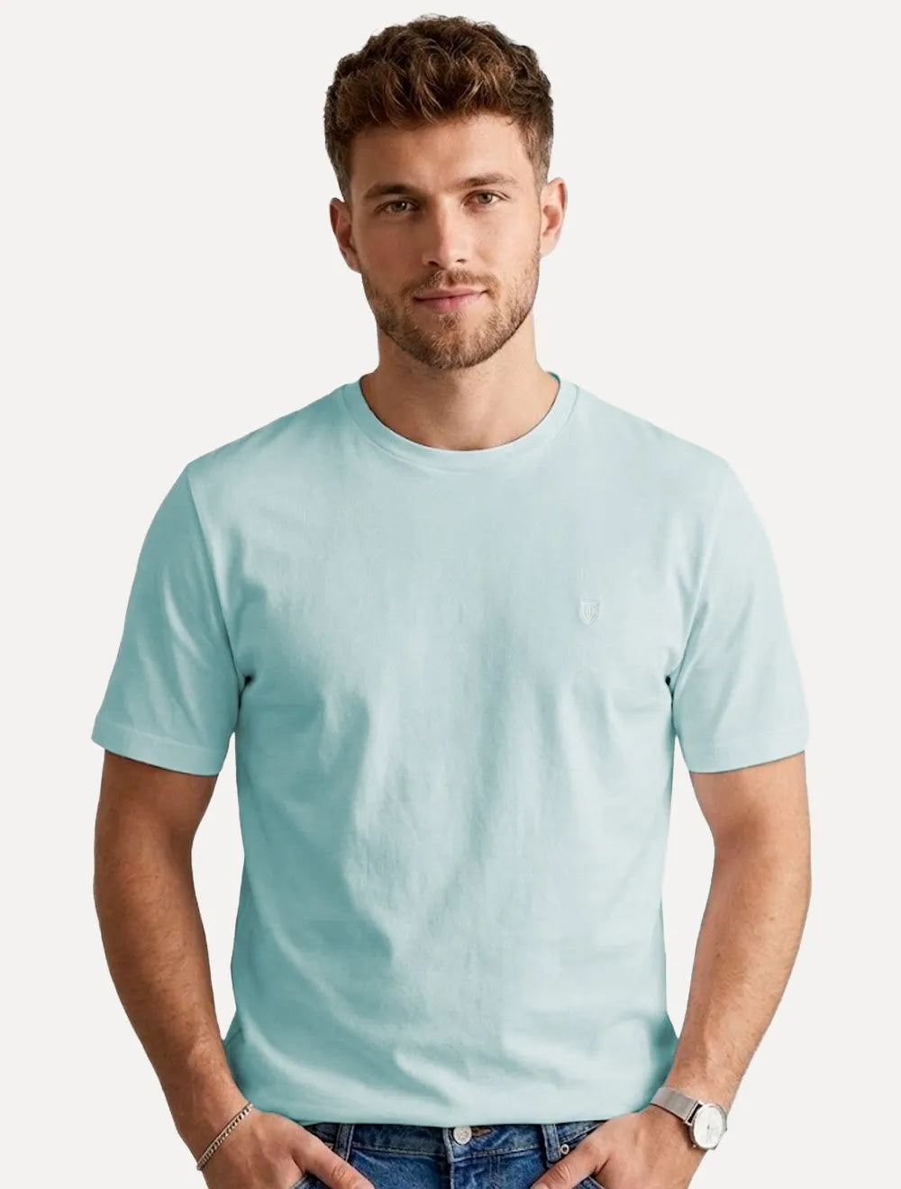 Camiseta Individual Masculina Comfort Pima Soft Touch Logo Azul Claro