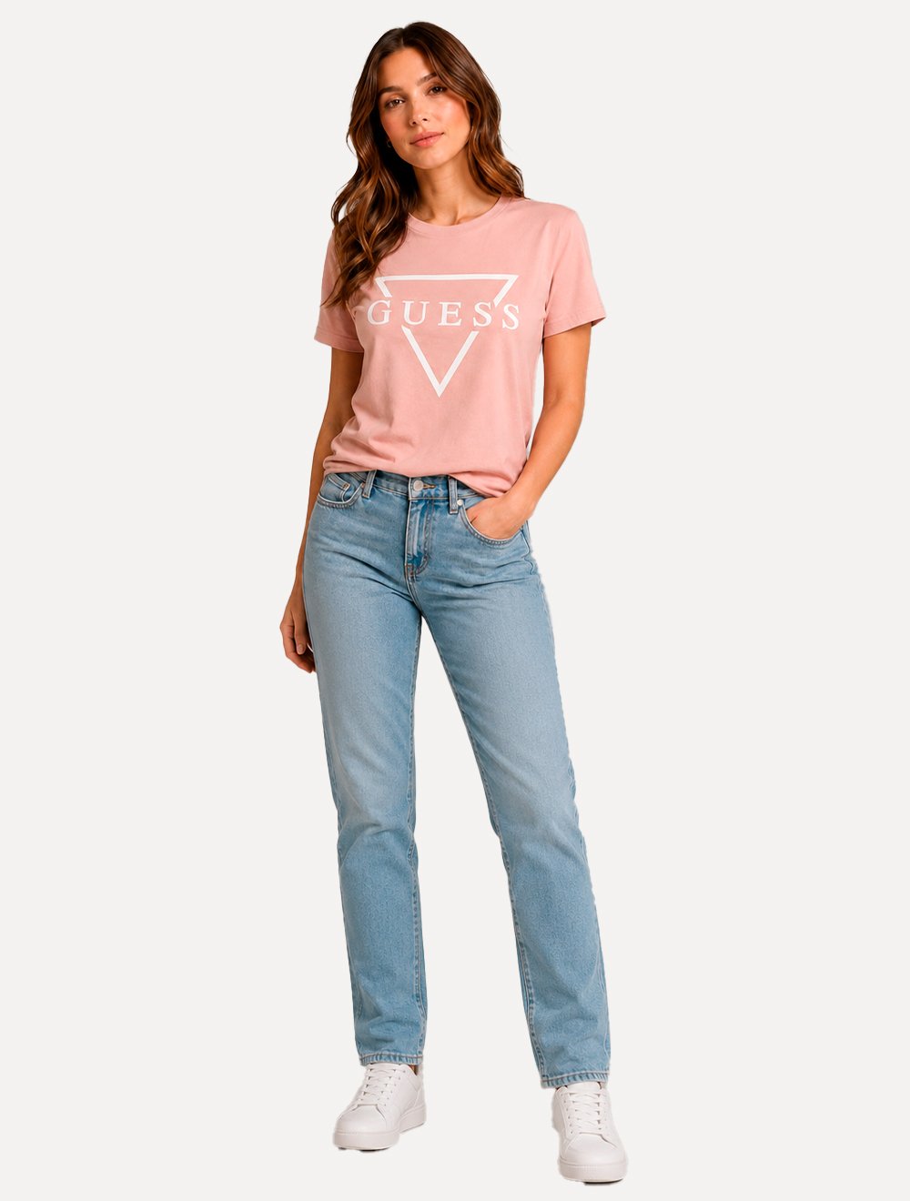Camiseta Guess Feminina Bust Logo Rosa Claro