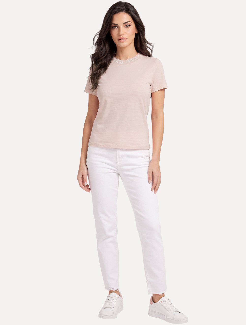 Camiseta Guess Feminina Textured Collar Logo Rosa Claro