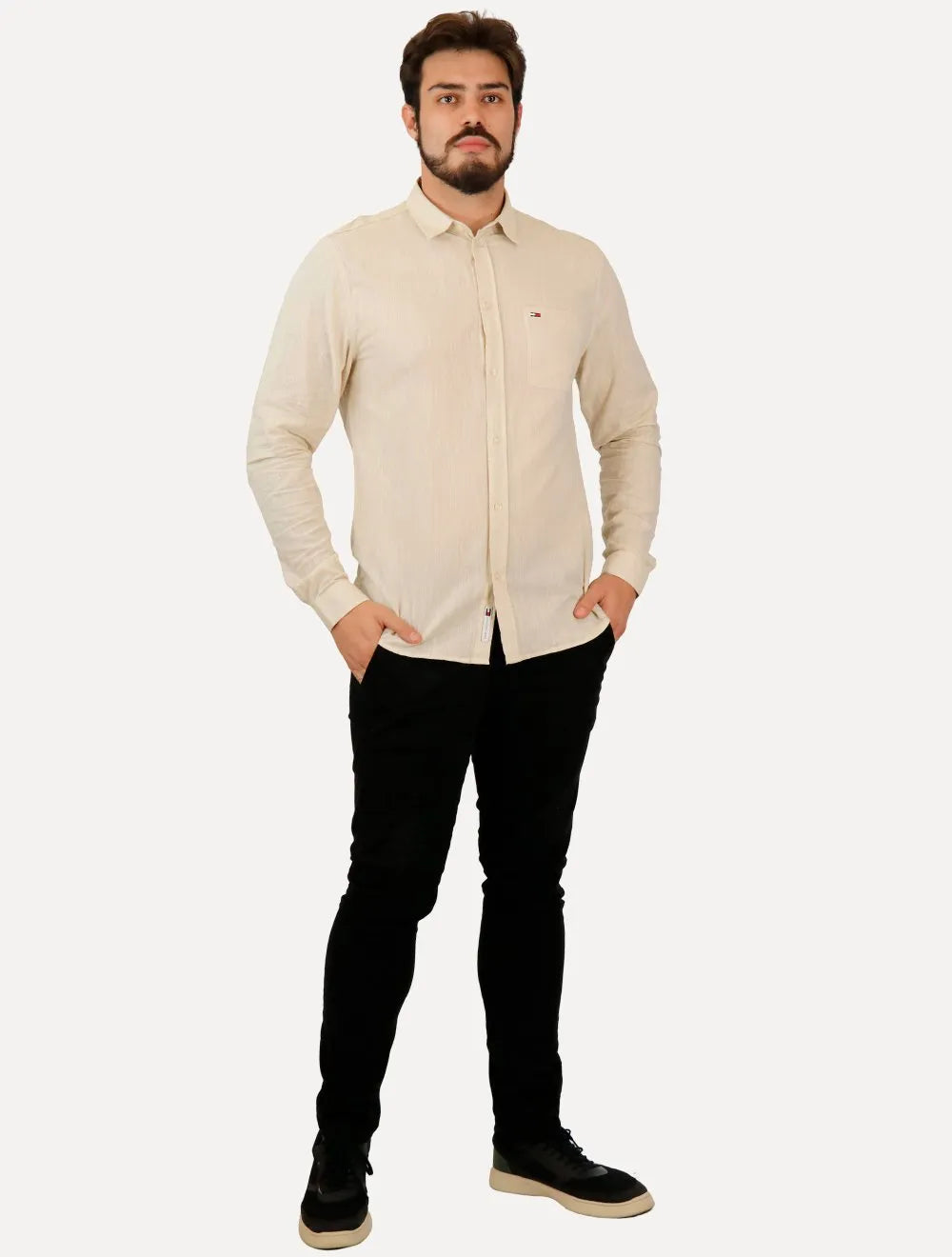Camisa Tommy Jeans Masculina Regular Linen Blend Pocket Areia Mescla
