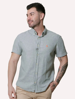 Camisa Ralph Lauren Masculina Manga Curta Linho Orange Icon Verde Mescla