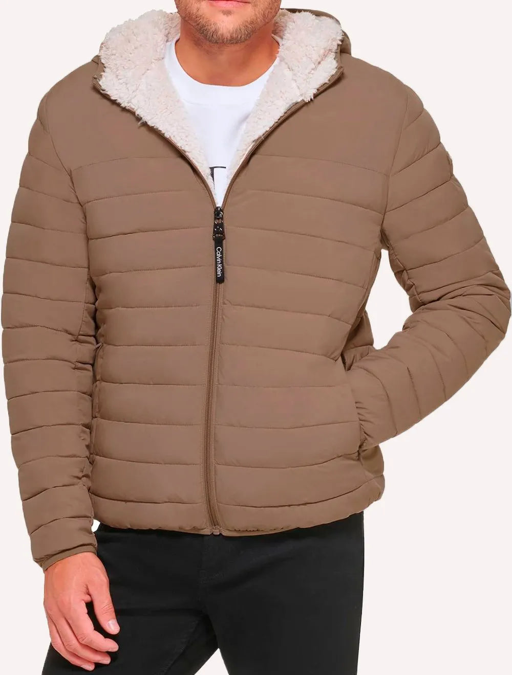 Jaqueta Calvin Klein Masculina Hoodie Matelassê Sherpa Cáqui