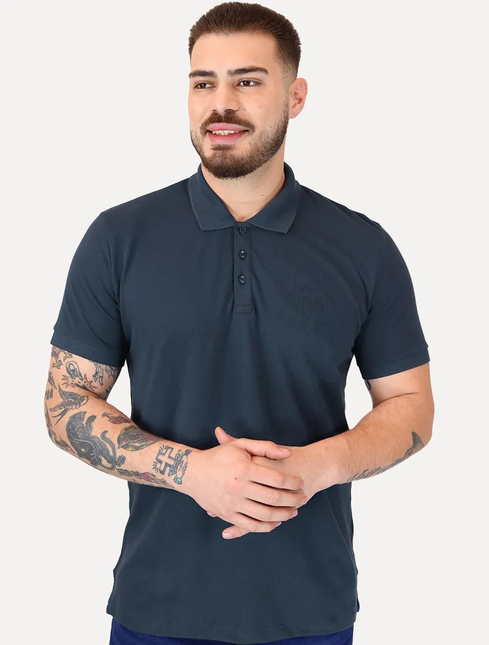 Polo Guess Masculina Piquet 1981 Bordado Azul Escuro