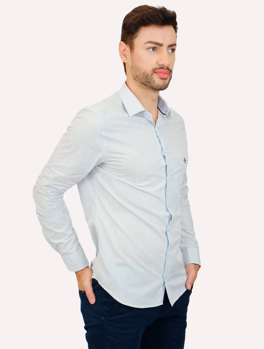 Camisa Dudalina Masculina Milano Fit Easy Icon Listras Azul Claro