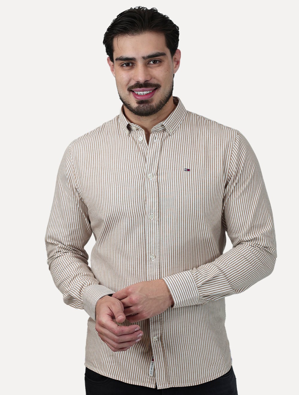 Camisa Tommy Jeans Masculina Slim Striped Oxford Cáqui