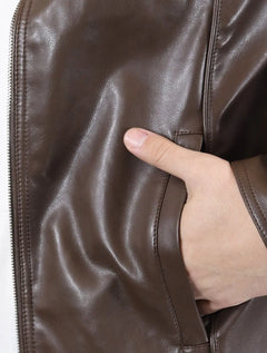 Jaqueta Victory Eagle Masculina PU Leather Recortes Marrom