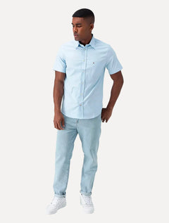 Camisa Tommy Hilfiger Masculina Manga Curta Regular Classic Pocket Poplin Azul Claro