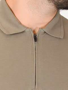 Polo Calvin Klein Masculina Piquet Slim Half Zip Cáqui Médio