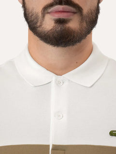 Polo Lacoste Masculina Regular Piquet Stretch Khaki Colorblock Branca