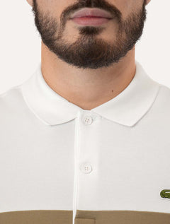Polo Lacoste Masculina Regular Piquet Stretch Khaki Colorblock Branca