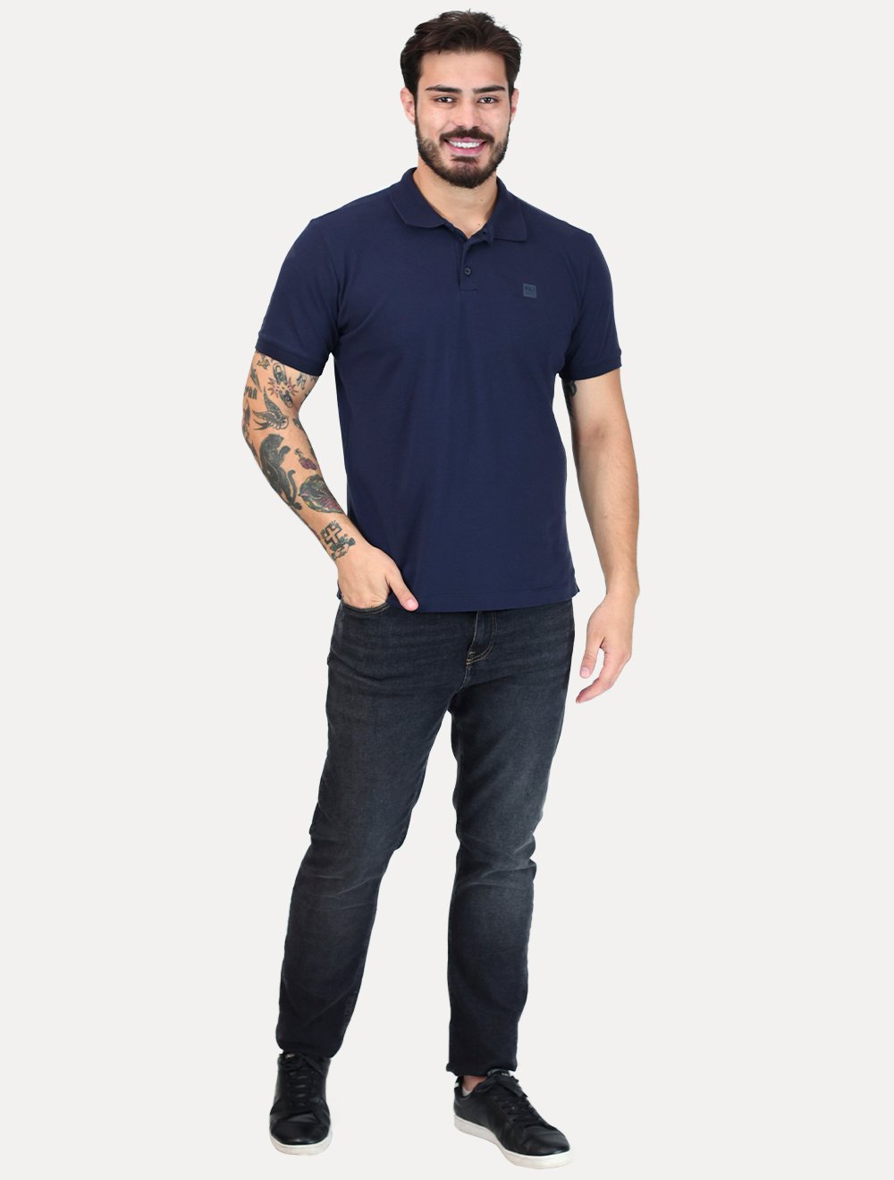 Polo K&J Black Masculina Premium Flex Slim Azul Marinho
