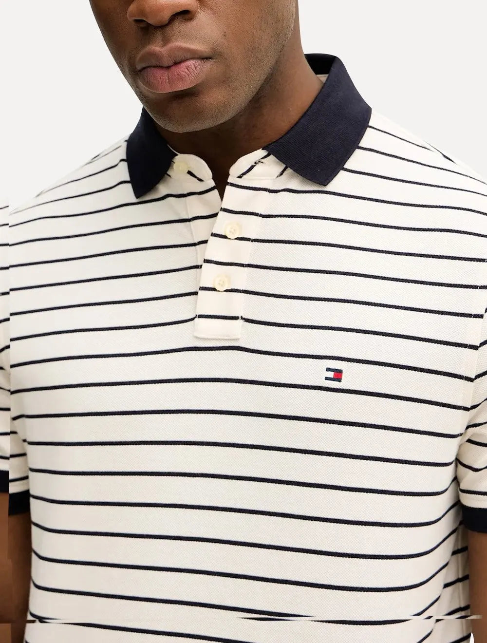 Polo Tommy Hilfiger Masculina Slim Piquet 1985 Striped Azul Marinho/Areia