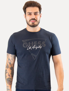 Camiseta Guess Masculina Triângulo Los Angeles Relevo Peito Azul Marinho
