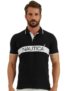Polo Nautica Masculina Piquet Frisos Logo Colorblock Preta