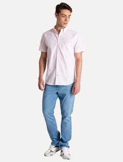 Camisa Tommy Hilfiger Masculina Manga Curta Regular Listrada Oxford Rosa Claro