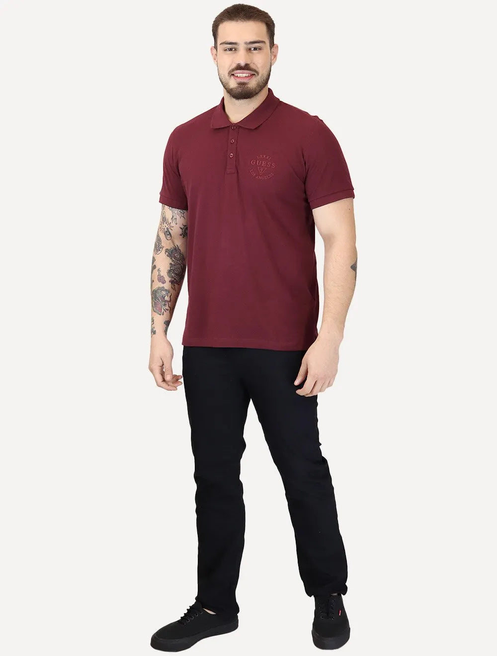 Polo Guess Masculina Piquet 1981 Bordado Bordô