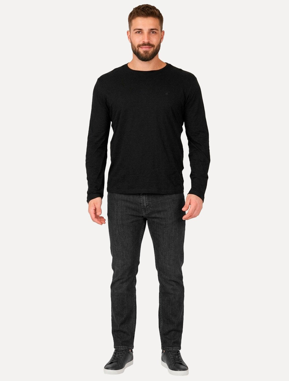 Camiseta Calvin Klein Jeans Masculina Manga Longa Embroidered CK Frontal Preta
