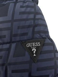 Jaqueta Guess Masculina Hoodie Allover Logo Puffer Azul Marinho