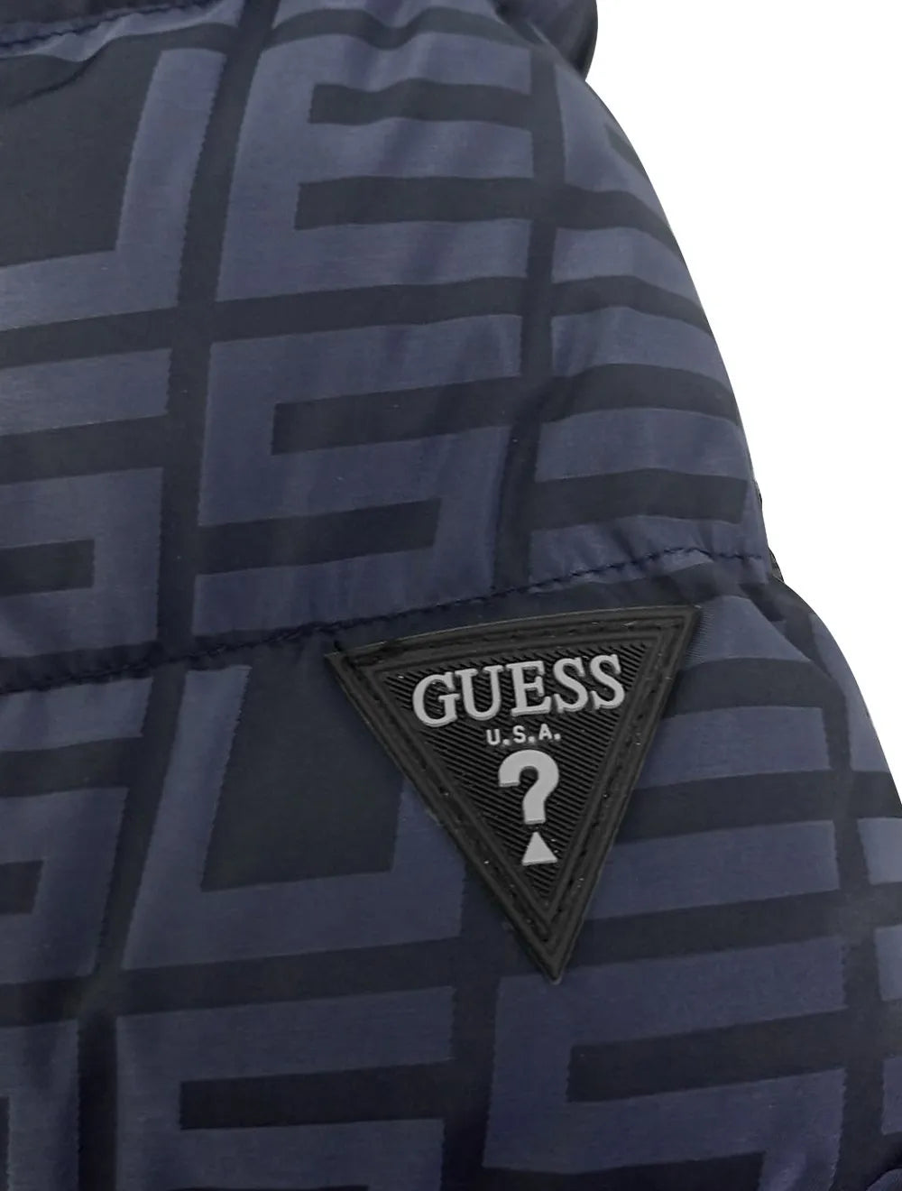 Jaqueta Guess Masculina Hoodie Allover Logo Puffer Azul Marinho