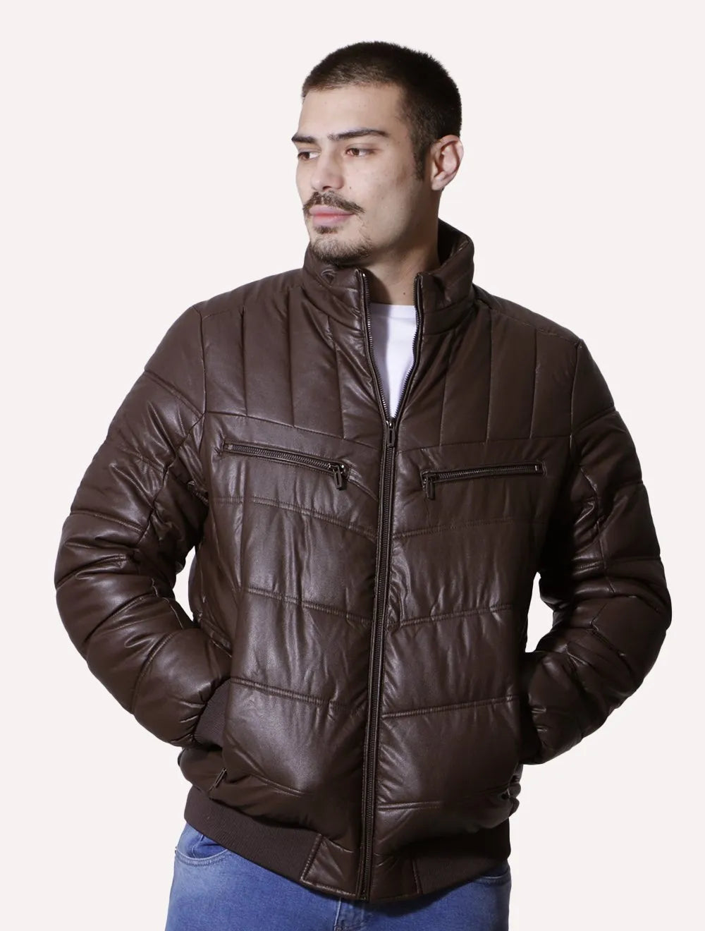 Jaqueta Victory Eagle Masculina PU Leather Bomber Zip Marrom