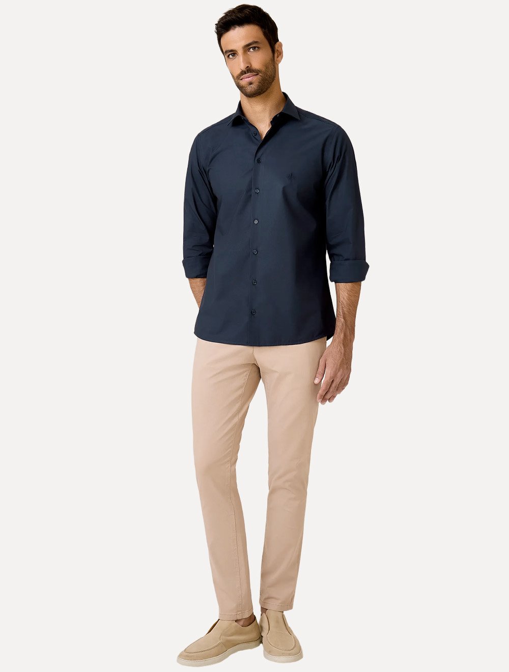 Camisa Dudalina Masculina Slim Superfine Cotton Mono Logo Lisa Tricoline Azul Marinho