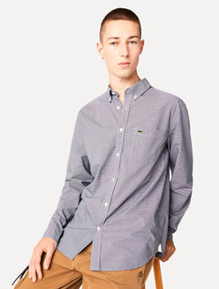 Camisa Lacoste Masculina Cotton Poplin Grid Branco/Azul Marinho