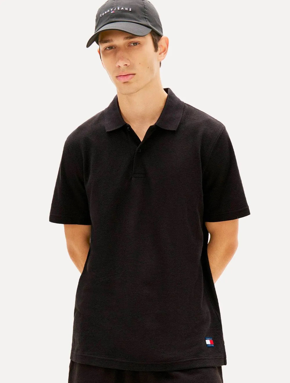 Camisa Polo Tommy Jeans Masculina Regular Waffle Texture Preta