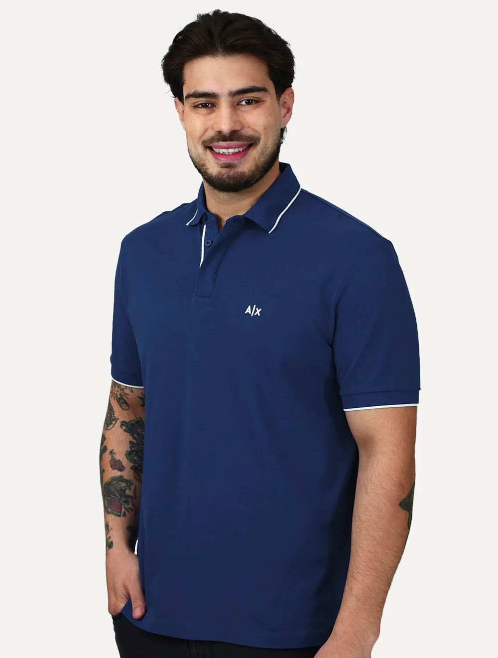 Polo Armani Exchange Masculina Regular Fit Dark Logo Icon AX Azul Royal
