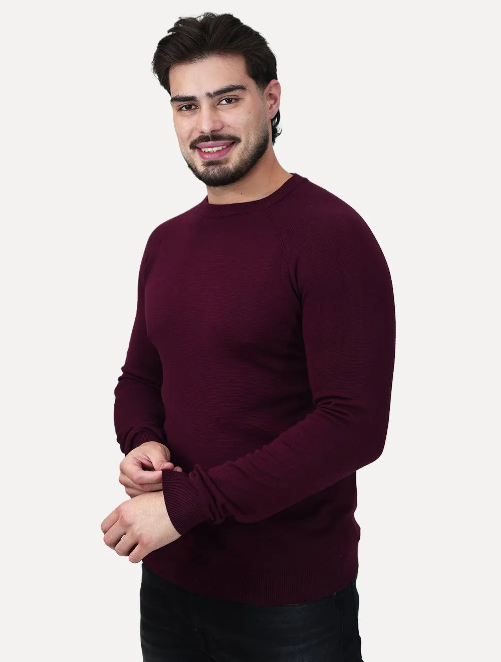 Suéter Dixen Masculina Tricot Manga Longa Raglan Gola Careca Bordô