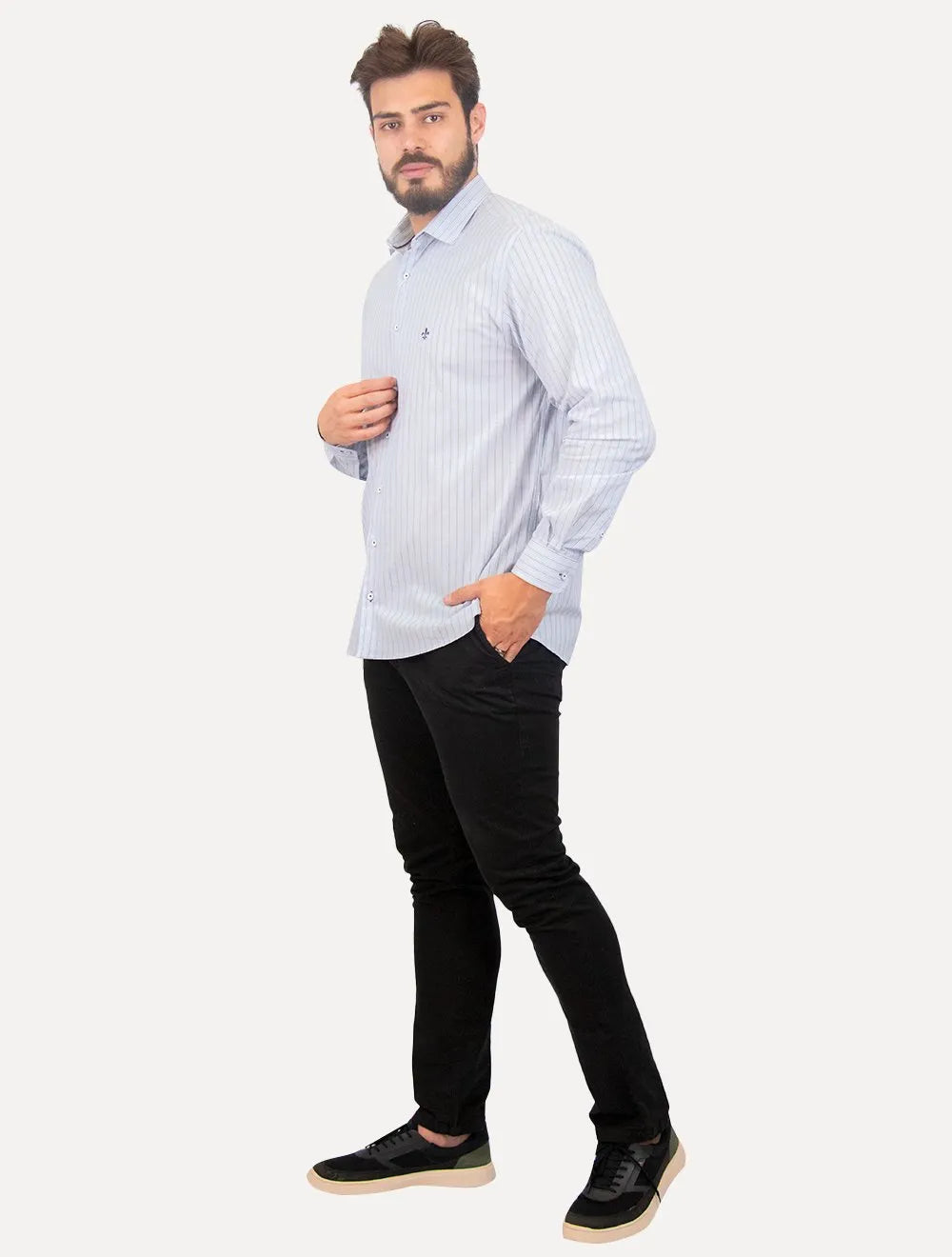 Camisa Dudalina Masculina Comfort Superfine Cotton Listrada Azul Claro