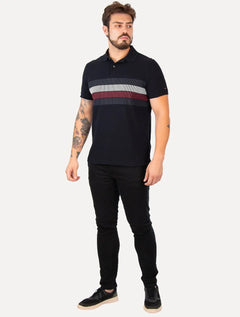 Polo Tommy Hilfiger Masculina Regular Shadow Global Stripe Azul Marinho