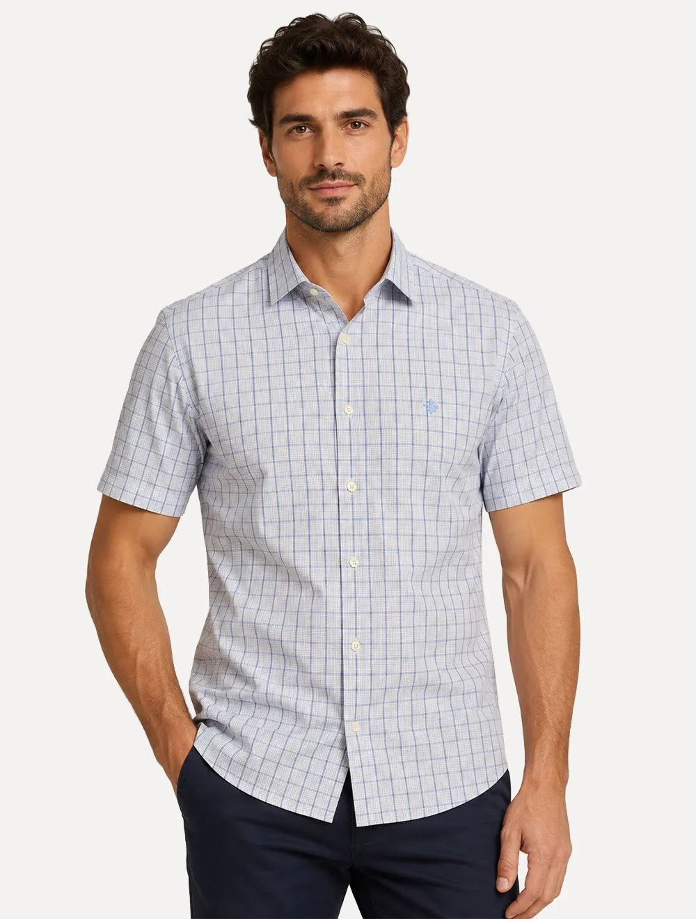Camisa Dudalina Masculina Manga Curta Slim Confort Superfine Cotton Listrada Cinza Claro