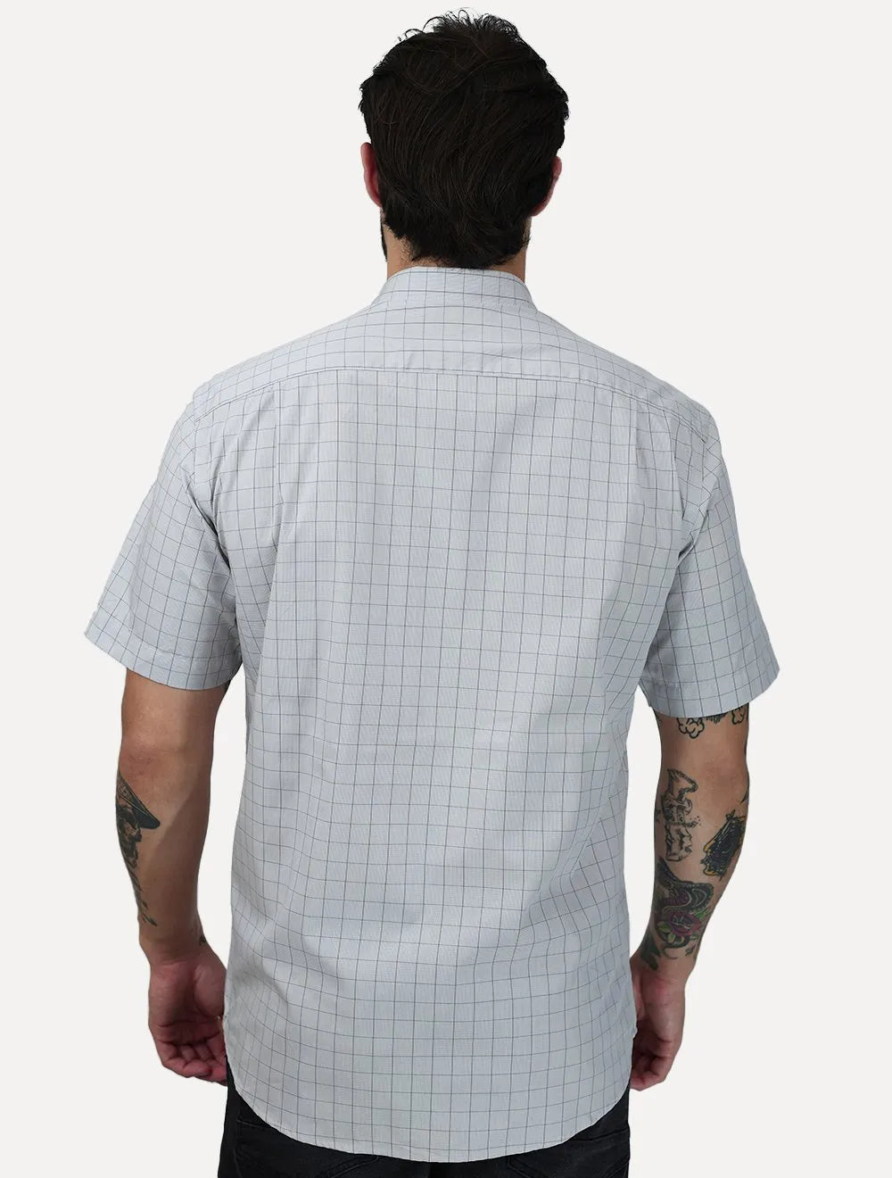 Camisa Dudalina Masculina Manga Curta Confort Superfine Cotton Light Logo Xadrez Cinza Claro