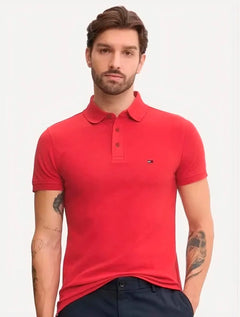 Polo Tommy Jeans Masculina Piquet Regular Placket Vermelho Médio