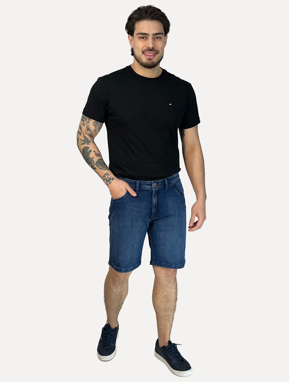 Bermuda Dudalina Masculina Moletom Slim Denim Jeans Escuro