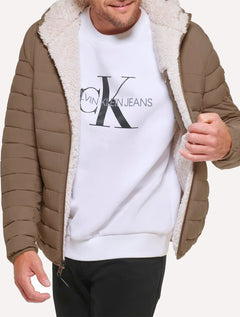Jaqueta Calvin Klein Masculina Hoodie Matelassê Sherpa Cáqui