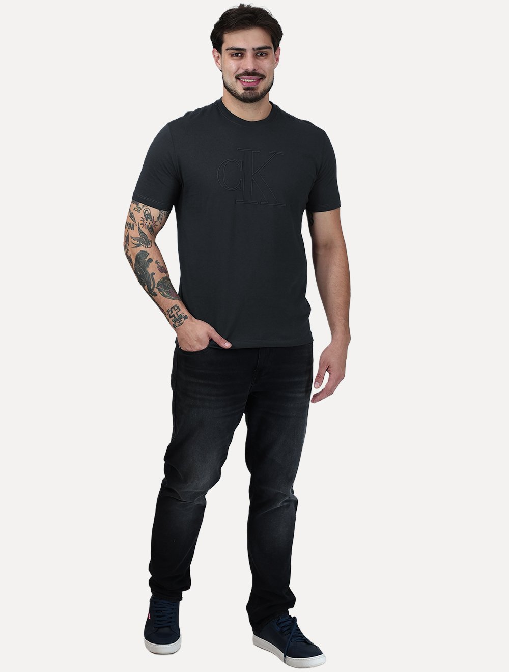 Camiseta Calvin Klein Masculina Meia Malha Big CK Logo Chumbo