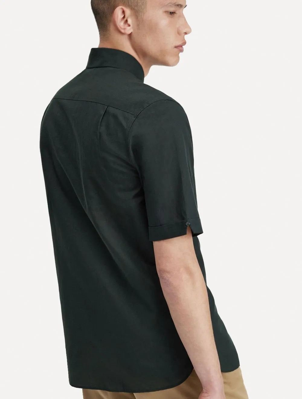 Camisa Fred Perry Masculina Manga Curta Linen Blend Verde Escuro