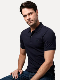 Polo Calvin Klein Masculina Piquet Slim Stretch Button Azul Marinho